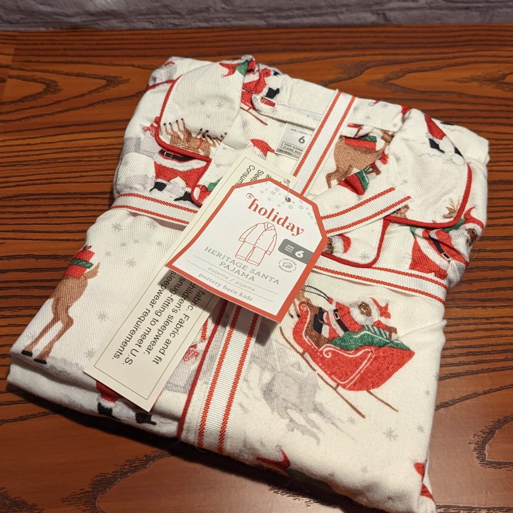 NWT Pottery Barn Heritage Black Santa Claus Flannel Pajama Set, 6 Christmas Pjs